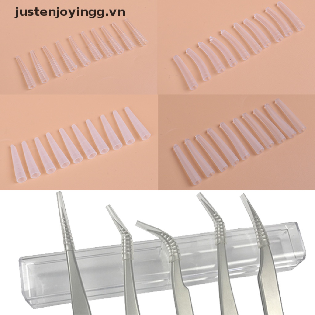 (Hàng Mới Về) Set 10 Nắp Silicone Đậy Lông Mi Giả Kèm Nhíp Hỗ Trợ Nối Mi