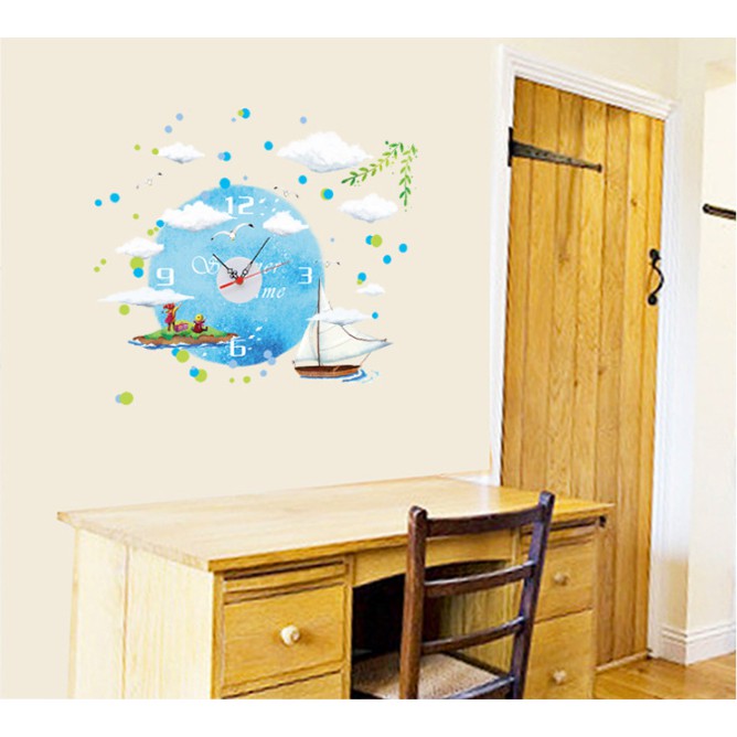 Decal trang trí Kèm Đồng Hồ dán tường - mẫu thuyền lớn và trởi xanh ( Cao cấp )