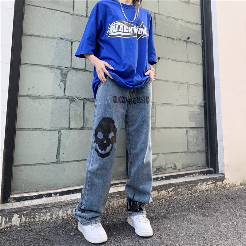 Quần jean unisex nam nữ đầu lâu lửa form rộng phong cách hiphop