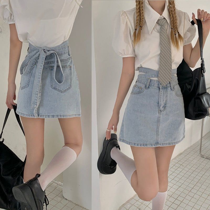 Chân Váy Denim Ngắn Dáng Chữ a Buộc Dây Phong Cách Hàn Quốc Thời Trang Cho Nữ