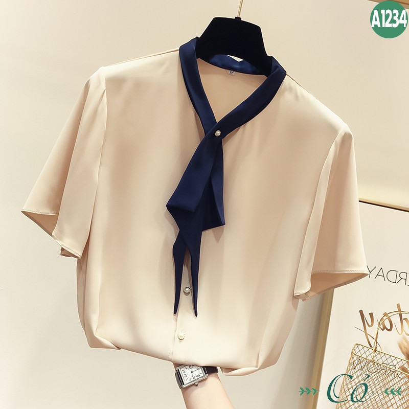 Áo sơ mi tay ngắn cột nơ - A1234