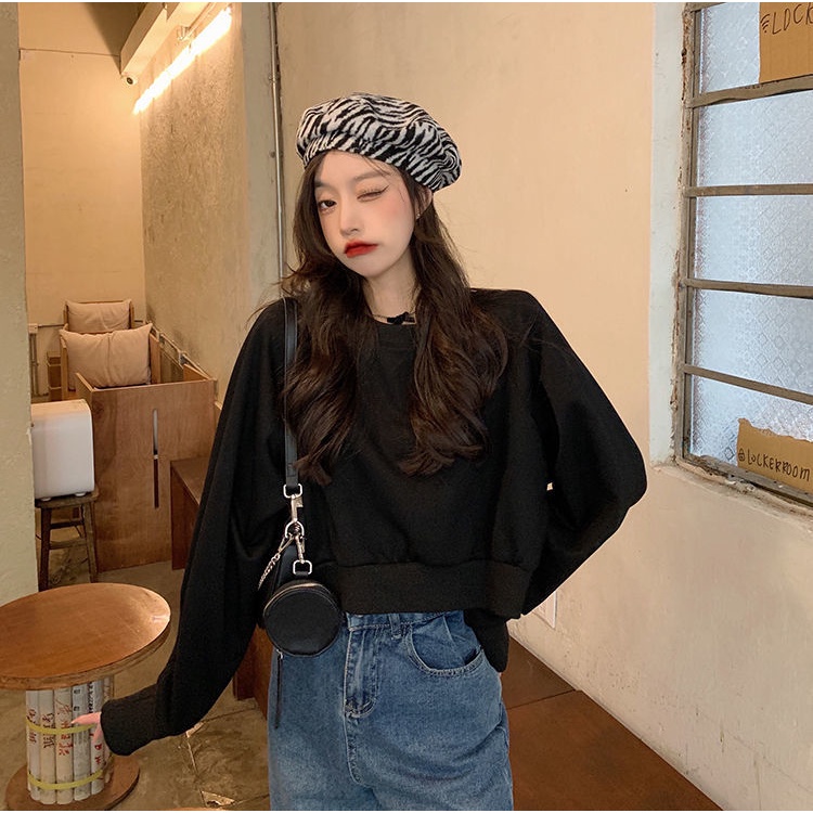 Áo Thun Tay Dài Phong Cách Preppy Cá Tính 206452 Áo Sweater Màu Trơn Dáng Ngắn Phong Cách Hàn Quốc Trẻ Trung