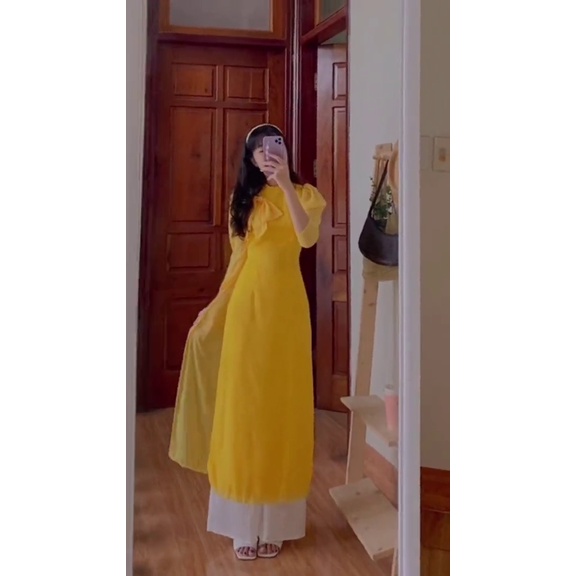Áo Dài Tết Cách Tân Nữ Đính Nơ Ngực Cổ Bèo Tay Vai Bồng Phồng 4 Tà Tơ Voan Óng Nhẹ Đẹp