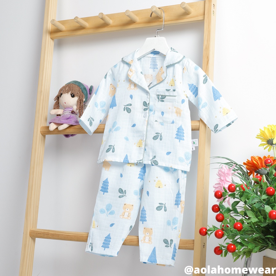 Pijama bé trai bé gái dài tay vải xô Áo Lá Homewear A003