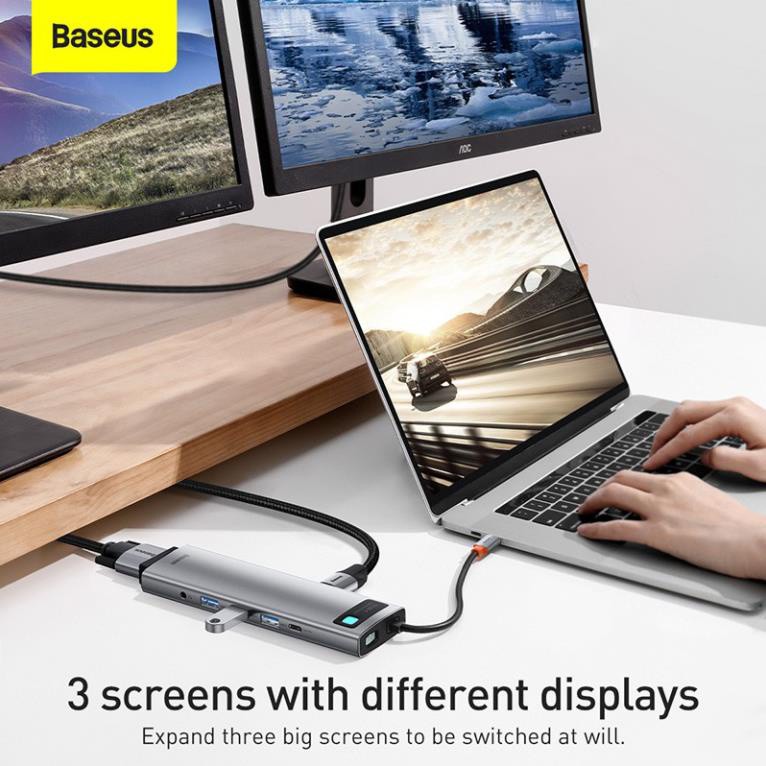 Cổng chuyển đổi Type C Baseus Hub Gleam Series 11 in 1 HDMI x2 , USB 3.0 x3 , VGA x1 TF SD Jack 3.5 PD x1