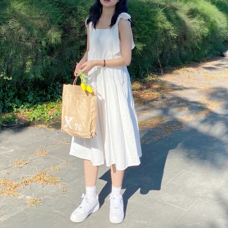 Đầm - Váy 2 dây chất thô bản to thắt nơ vai dáng babydoll xòe nhiều màu