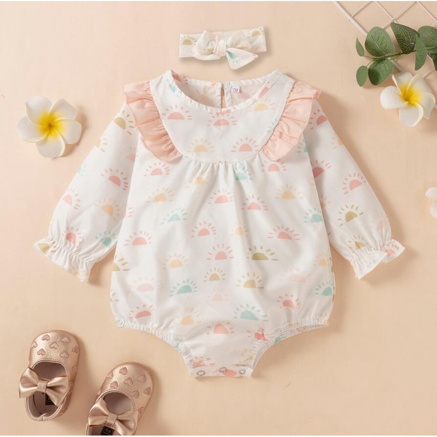 Bộ Áo Liền Quần Tay Dài Cổ Tròn In Hình Mặt Trời + Băng Đô Cài Tóc Xinh Xắn Cho Bé Gái 0-18 Tháng Tuổi