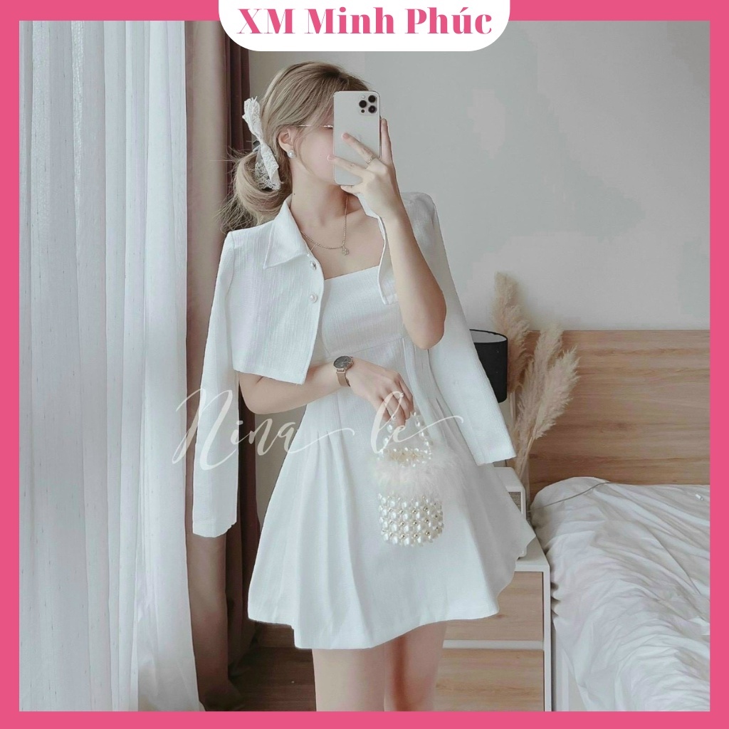 Đầm Nữ Dự Tiệc Dạo Phố,set Váy 2 Dây Dáng Xòe Kết Hợp Áo Khoác Ngoài Trắng Xinh Xắn Sang Chảnh Thời Trang [XM MINH PHÚC]