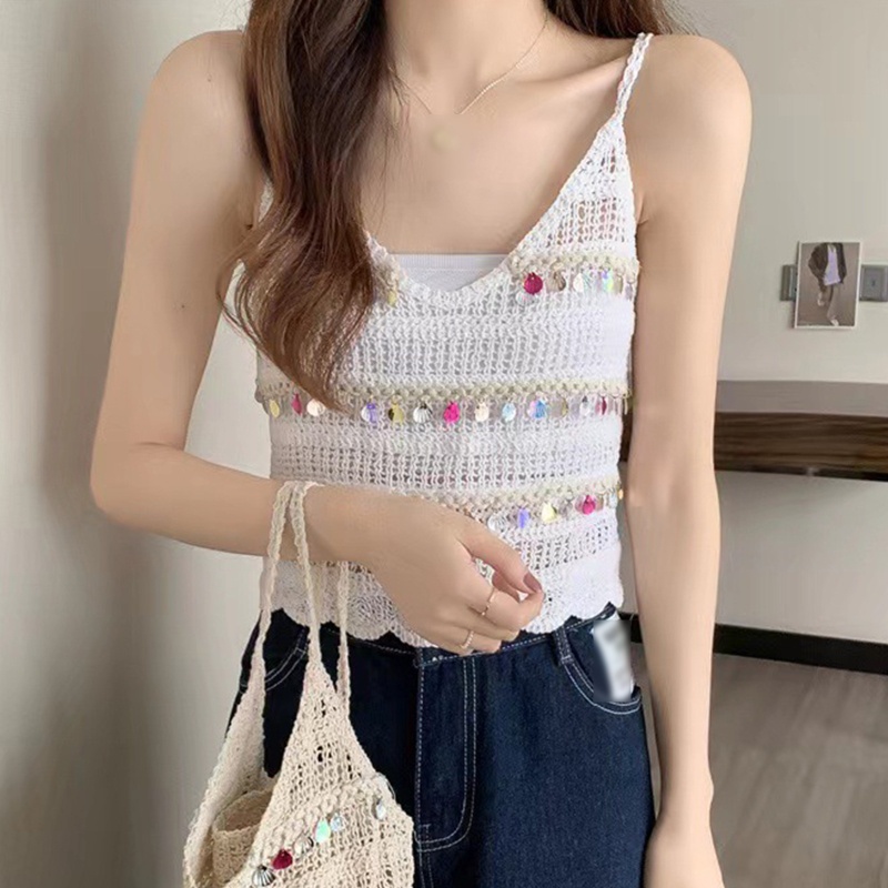 Youyo Áo Croptop Dệt Kim Hai Dây Tua Rua Đính Kim Sa Phong Cách Boho Mùa Hè Cho Nữ