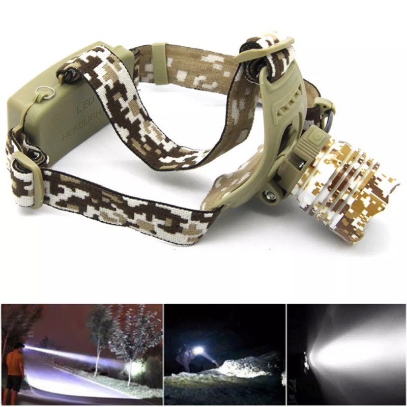 Đèn Đội Đầu Led XML T6 Màu camo Rằn Ri Pin Sạc 18650