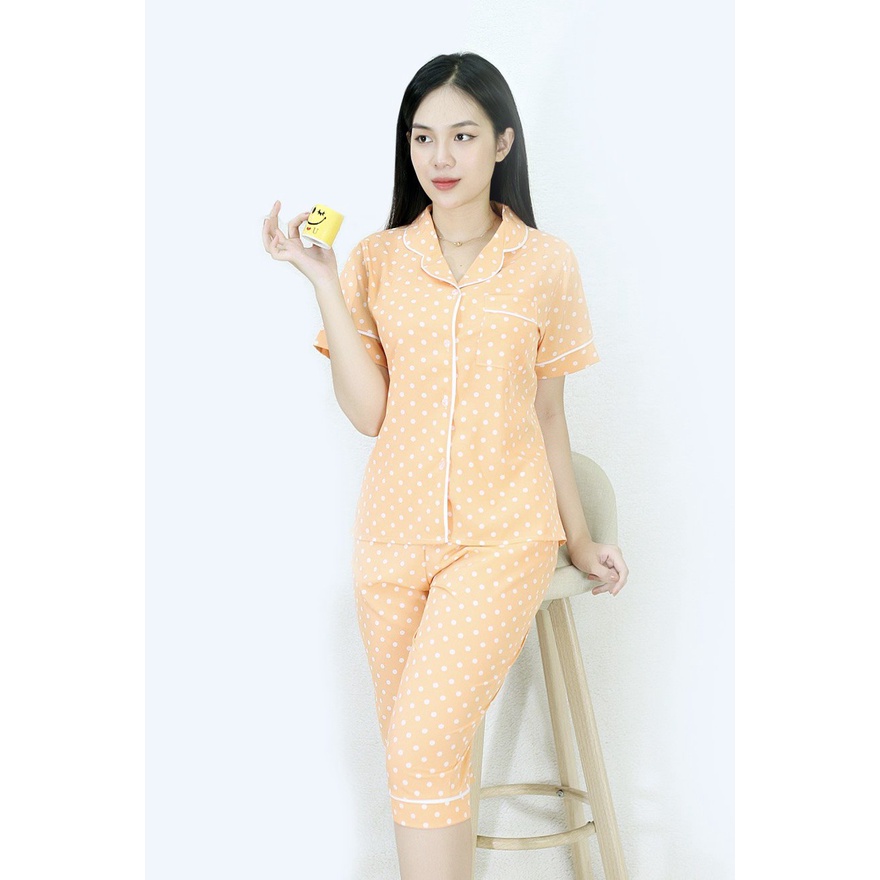 [HÌNH THẬT] Bộ đồ Pijama lửng mặc nhà MÀU VÀNG CAM CHẤM BI - Vải Siêu Lụa Cao Cấp - Mềm Mại Êm Ái