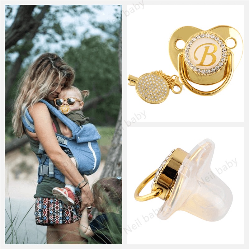 Vòng cổ Móc Kẹp Ti Giả Màu Vàng Hồng Sang Trọng Tự Nhiên Dành Cho Bé Mọc Răng Núm Ty giả cho bé núm ti giả bibs