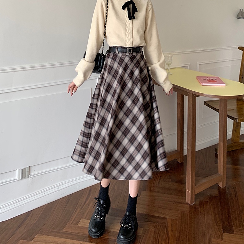 Chân váy midi chữ A lưng cao kẻ sọc caro phong cách retro 47742