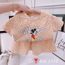 Bộ cộc tay chất Cotton tàu Mickey phối quần váy cực đẹp cho bé gái từ 8-20kg