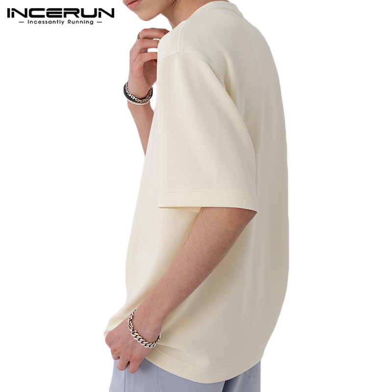 Áo thun INCERUN tay ngắn cổ tròn màu trơn thời trang mùa hè dành cho nam