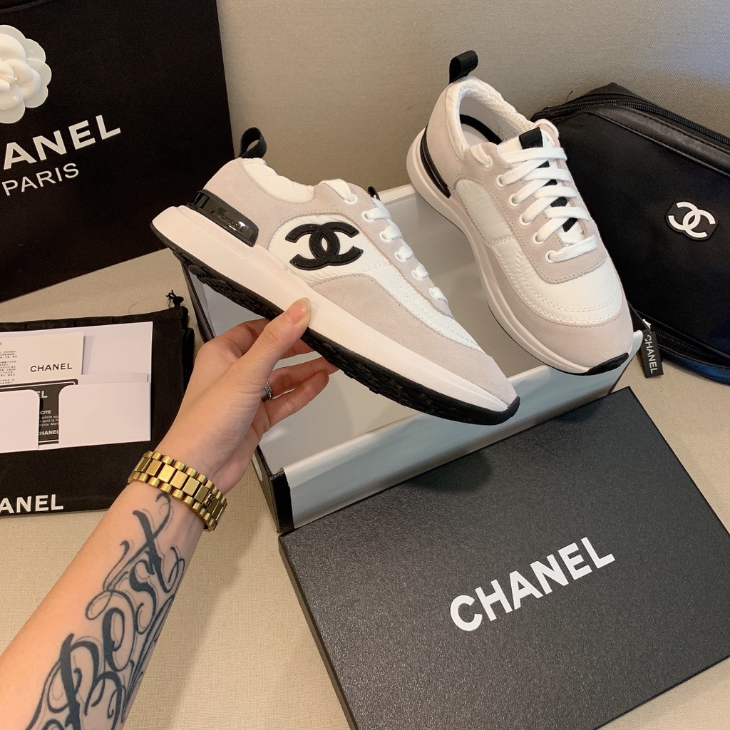 Giày thể thao Chanel da bò + vải chống thấm nước thời trang giản dị cho nữ