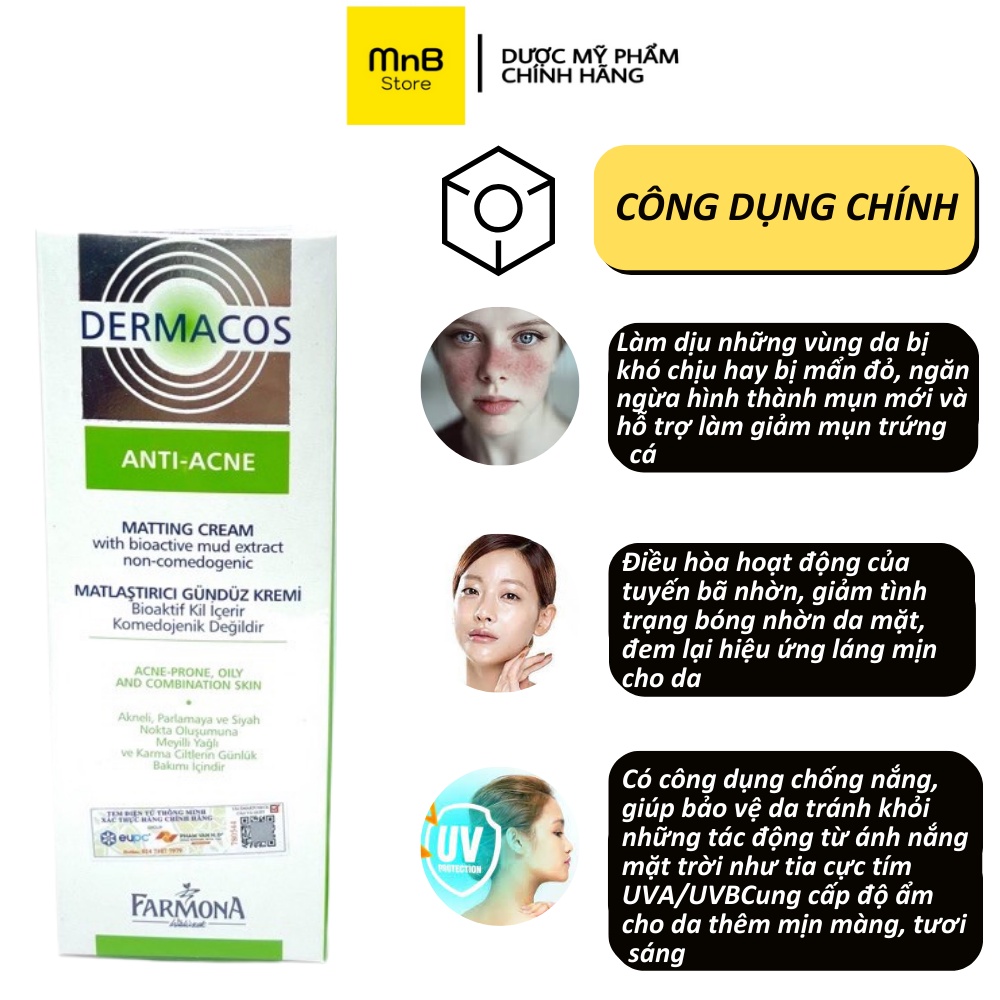 Kem dưỡng ẩm Dermacos Anti-Acne Matting Cream kiểm dầu, ngừa mụn cho da bóng dầu 50ml