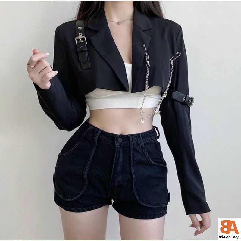 Áo khoác vest nữ phối xích croptop chất vải Tuyết Mưa FreeSize dưới 50kg