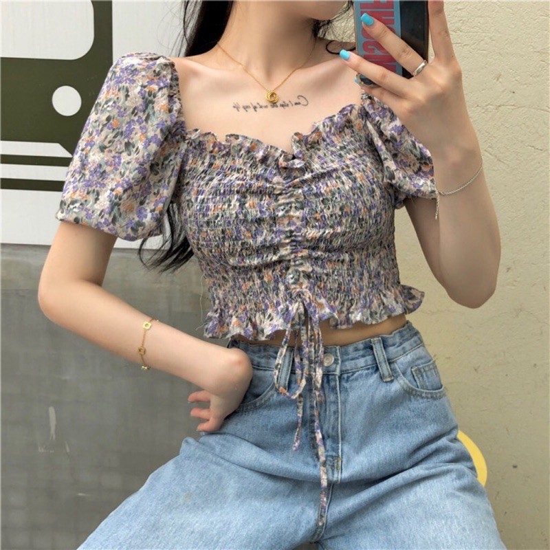 Áo hoa nhí vintage,áo hoa nhí cổ vuông tay bồng bo eo siêu xinh,trẻ trung