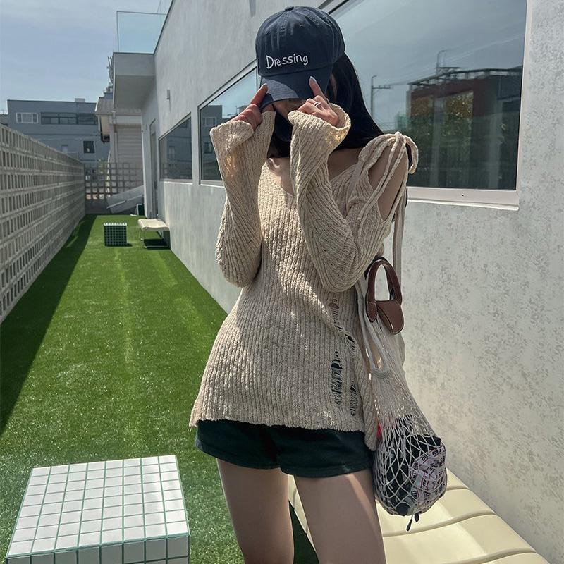 ♝Đầm Dệt Kim Tay Dài Hở Vai Phối Ren Thời Trang Mùa Hè Dành Cho Nữ