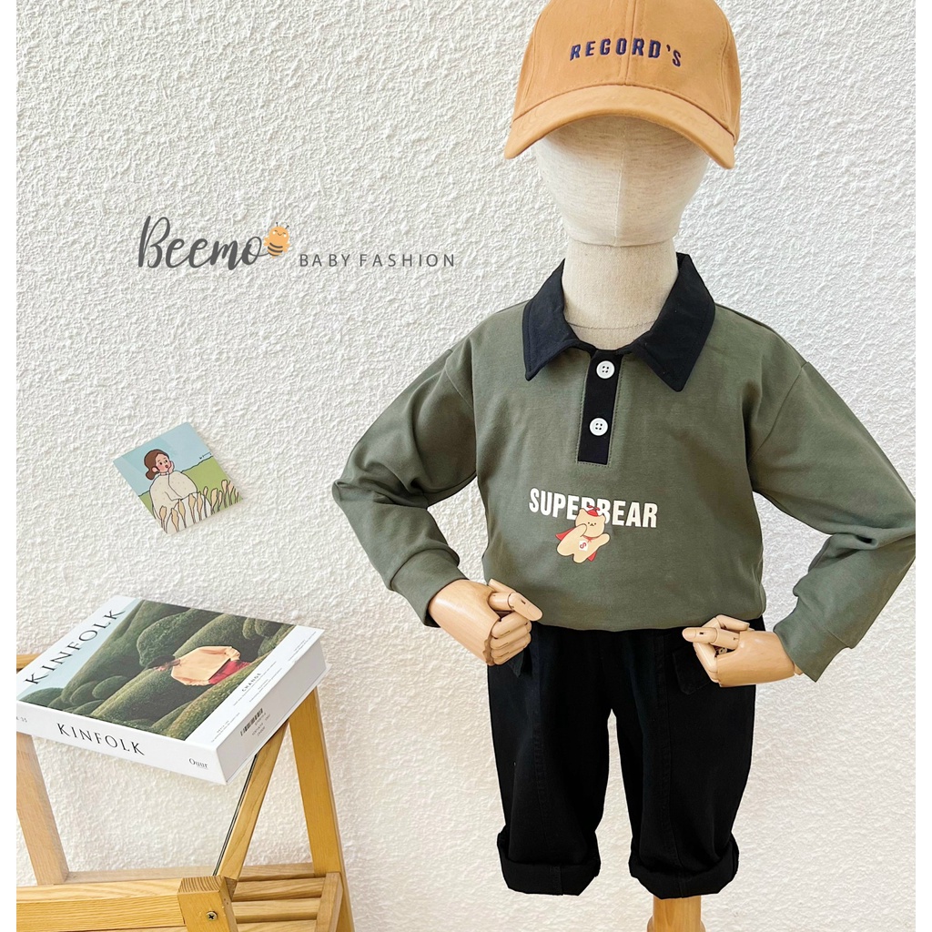 Bộ quần áo bé trai thời trang Hàn Quốc Beemo Áo dài tay polo hình gấu quần kaki đen be cho bé trẻ em - STB