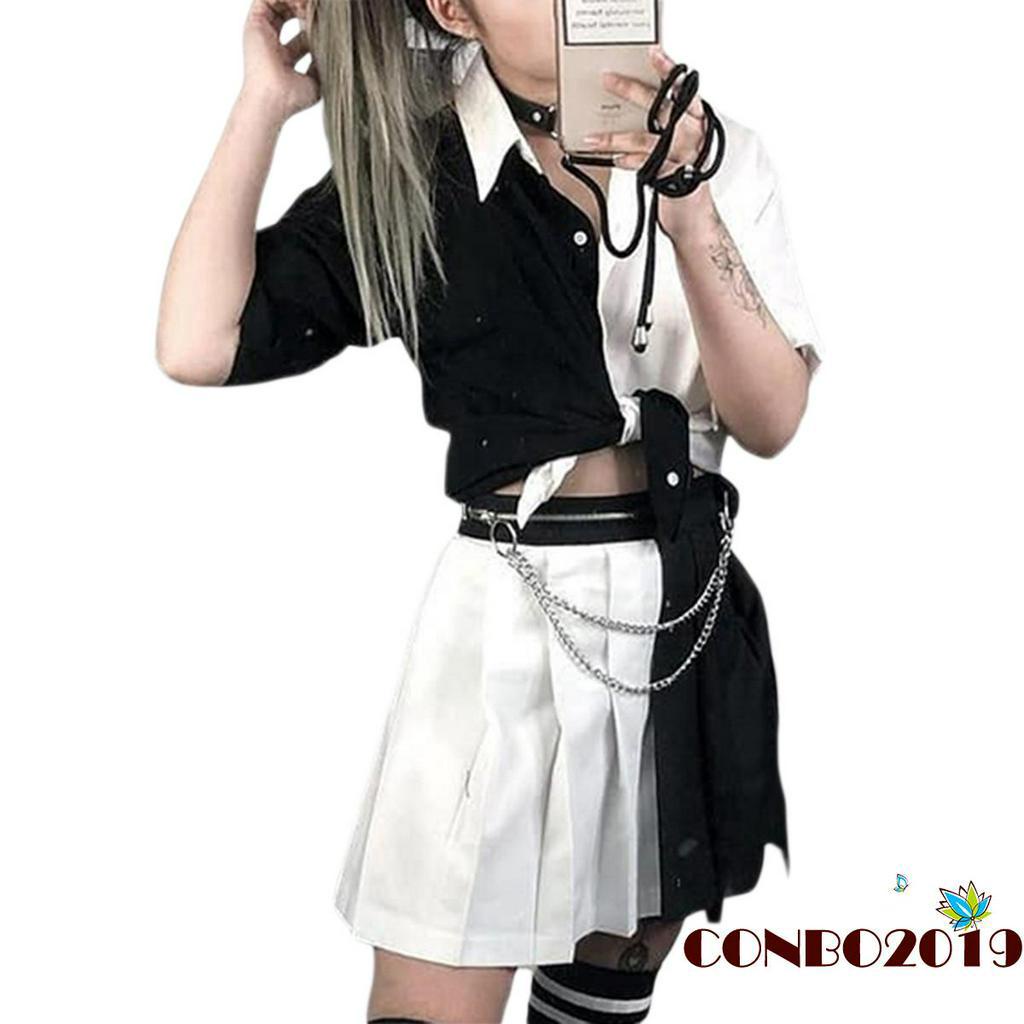 HGM-Summer trend fashion T-shirt black and white punk style short sleeve lapel tie knot shirt shirt women