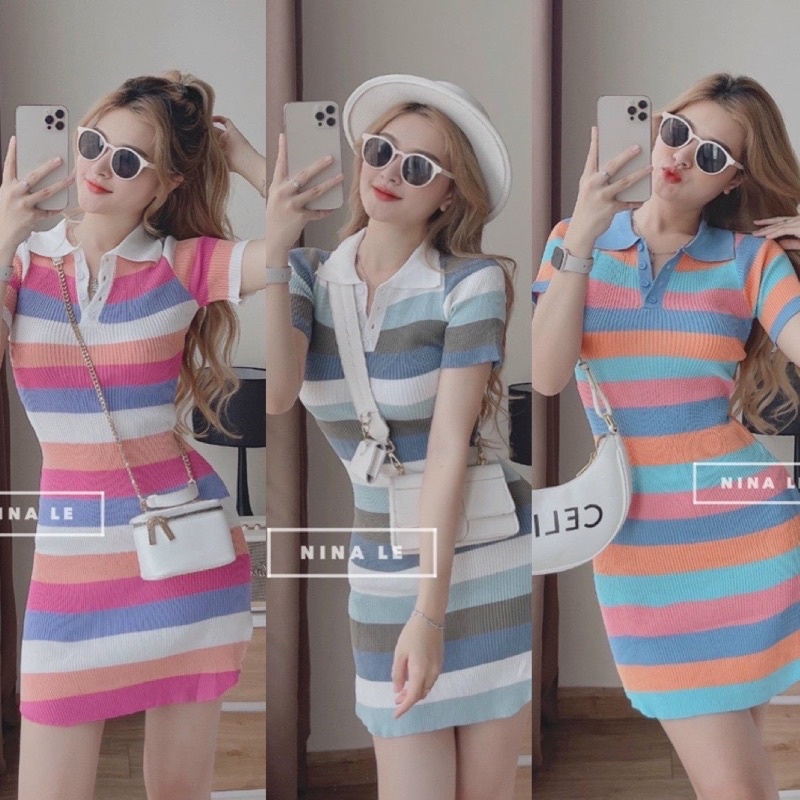 VÁY LEN KẺ BODY CỔ BẺ NHIỀU MÀU. (KÈM VIDEO VÀ ẢNH SHOP CHỤP)
