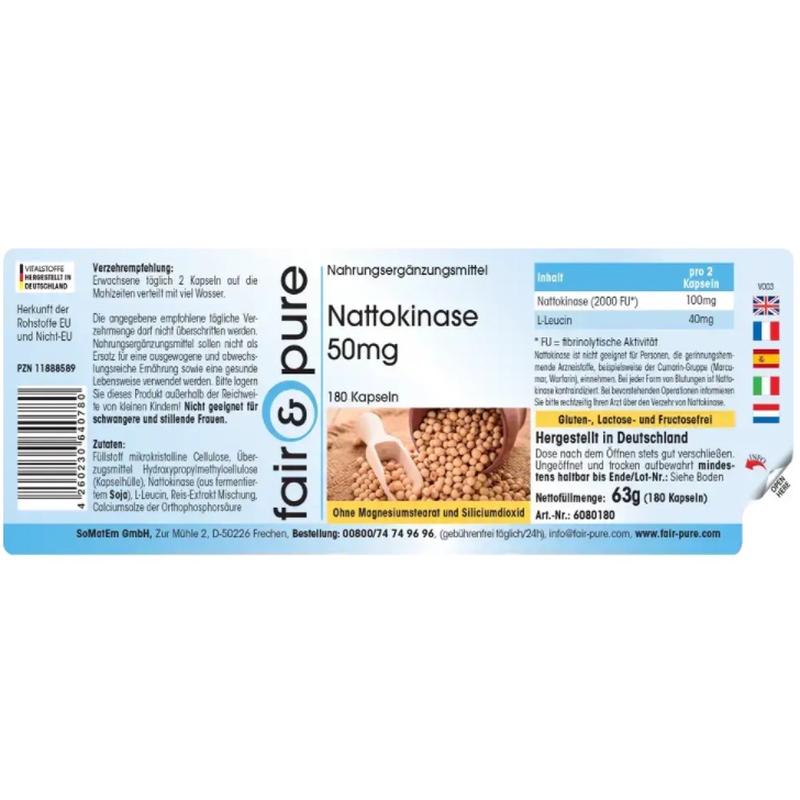 Viên uống chống đột quỵ, tai biến Nattokinase 50mg Fair & Pure 180 viên nội địa Đức - Nuhe Official