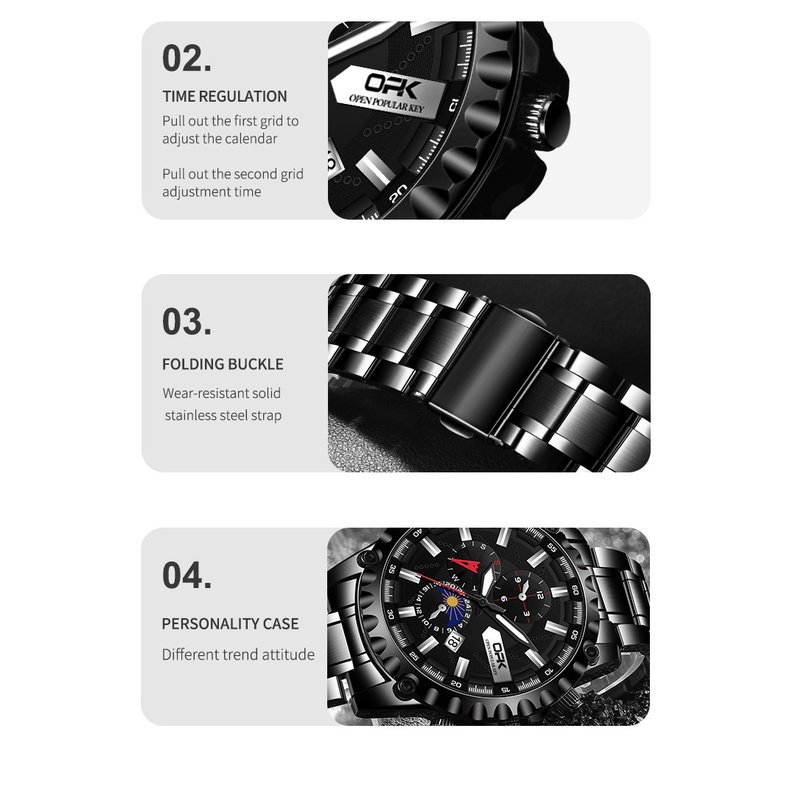 OPK 8129 Watch Men's Genuine Waterproof and Wear-resistant Steel Belt Original Quartz Luminous Calendar Creative Dial Precision Trend