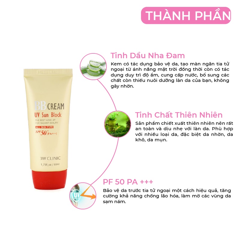 Kem nền trang điểm che khuyết điểm chống nắng BB Cream UV Sun Block 3W Clinic Hàn Quốc 50ml