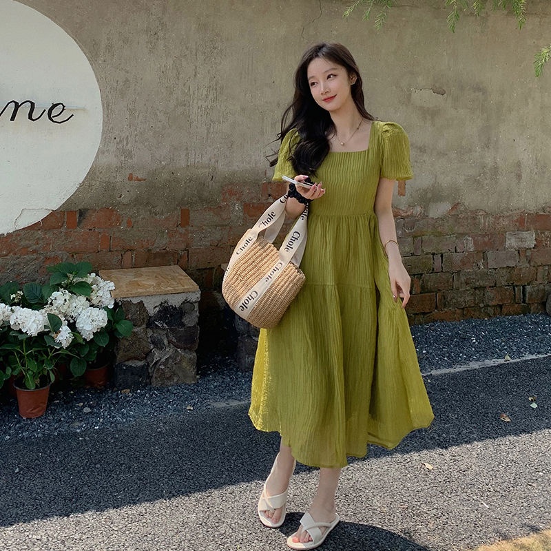 Đầm Cổ Vuông Xếp Ly Dáng Dài Màu Xanh Lá Phong Cách Retro Pháp Thời Trang Mùa Hè Hàng Mới 2022