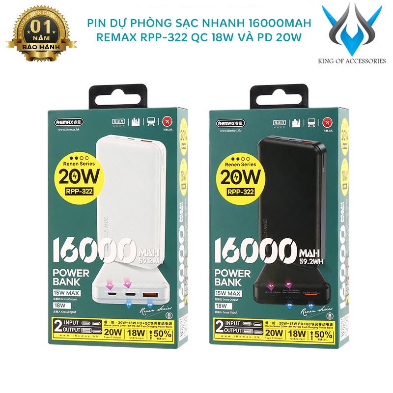 Pin dự phòng sạc nhanh Remax RPP-322 Renen Series 16000mAh - hỗ trợ QC 18W và PD 20W (màu ngẫu nhiên) Phụ kiện 1986