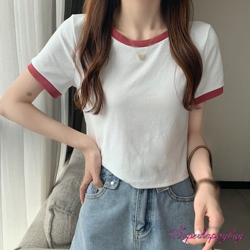 Áo Thun Ngắn Tay Cổ Tròn Màu Sắc Tương Phản Thời Trang Xuân Hè Cho Nữ