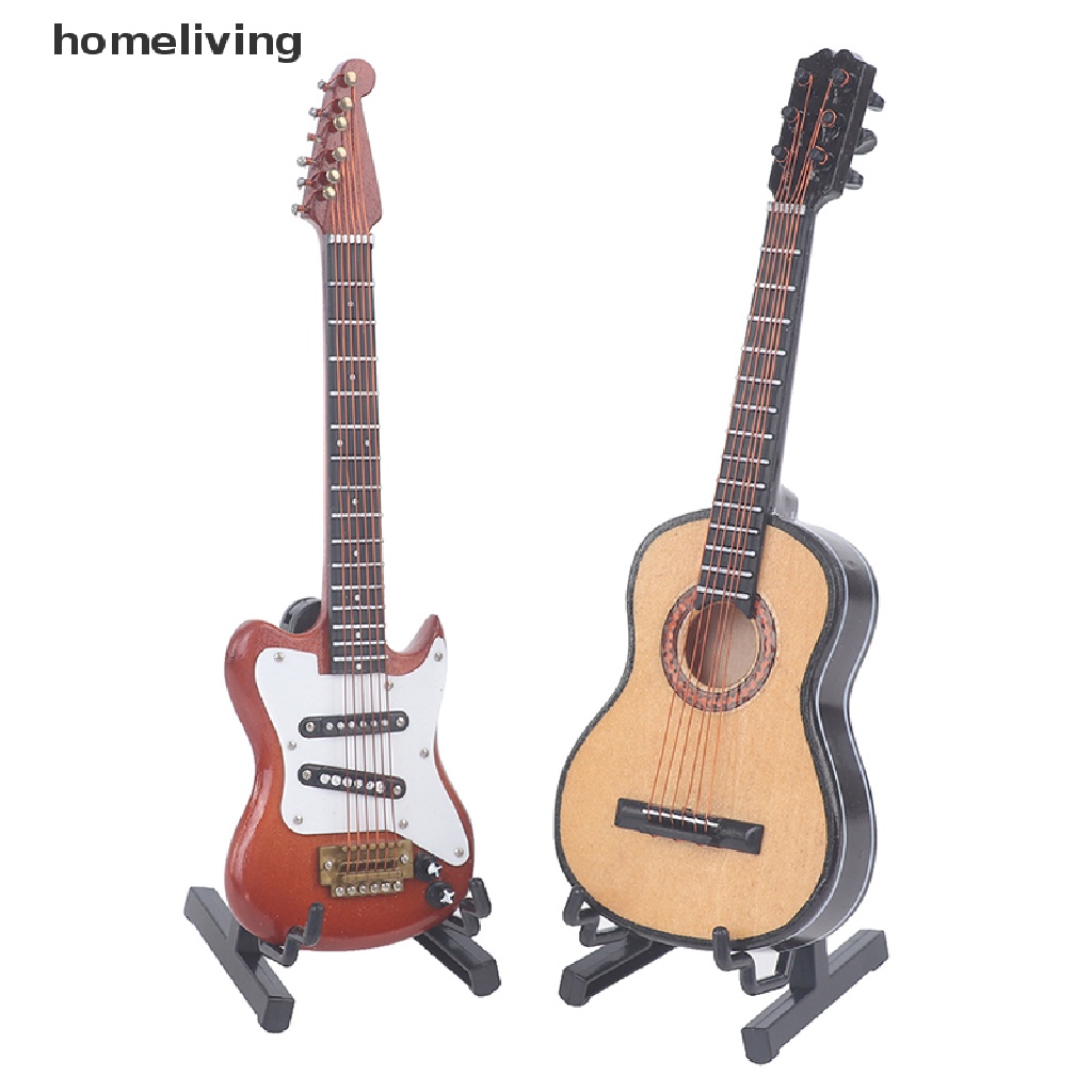 Đàn Guitar Điện Bằng Gỗ Có Chân Đứng Trang Trí Nhà Búp Bê Tỉ Lệ 1 / 6