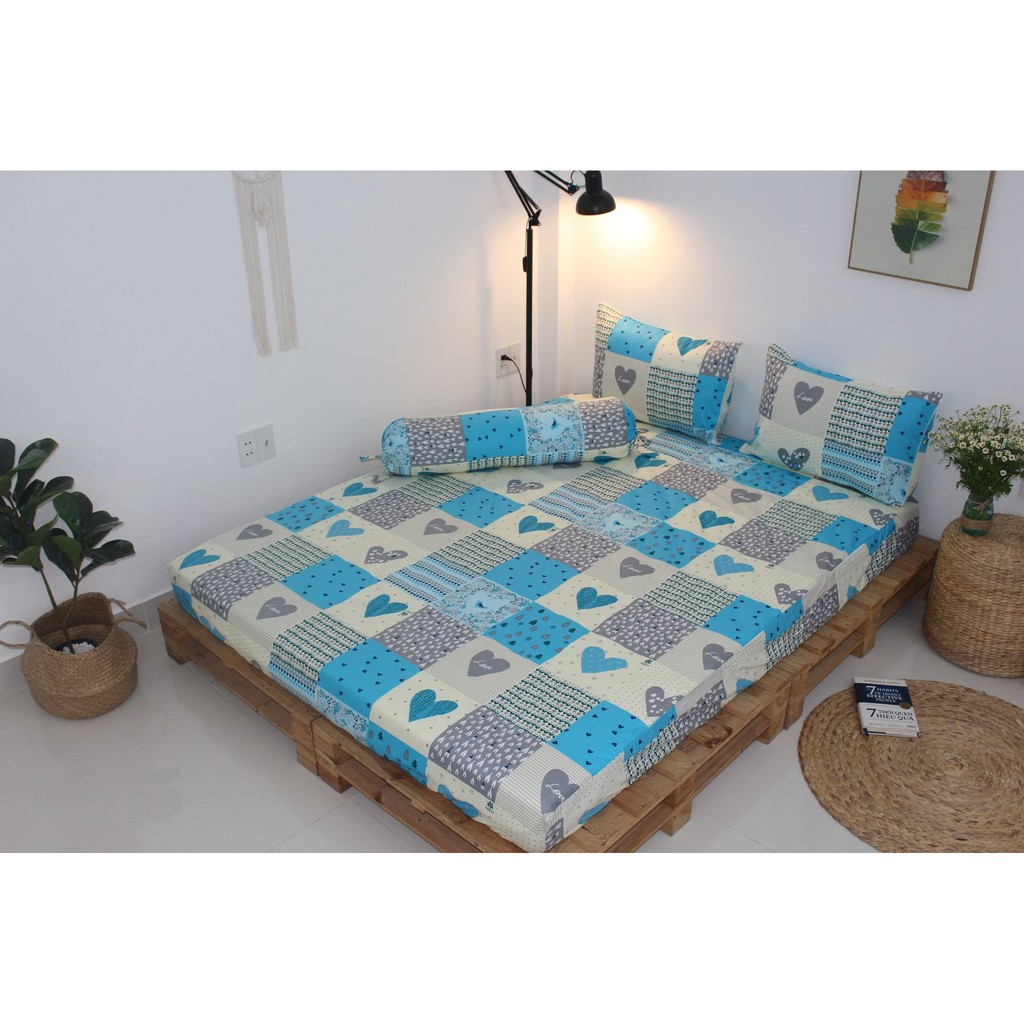 Bộ drap gối 4 món 100% cotton thiên nhiên Kha Ly-Ô vuông tim Xanh