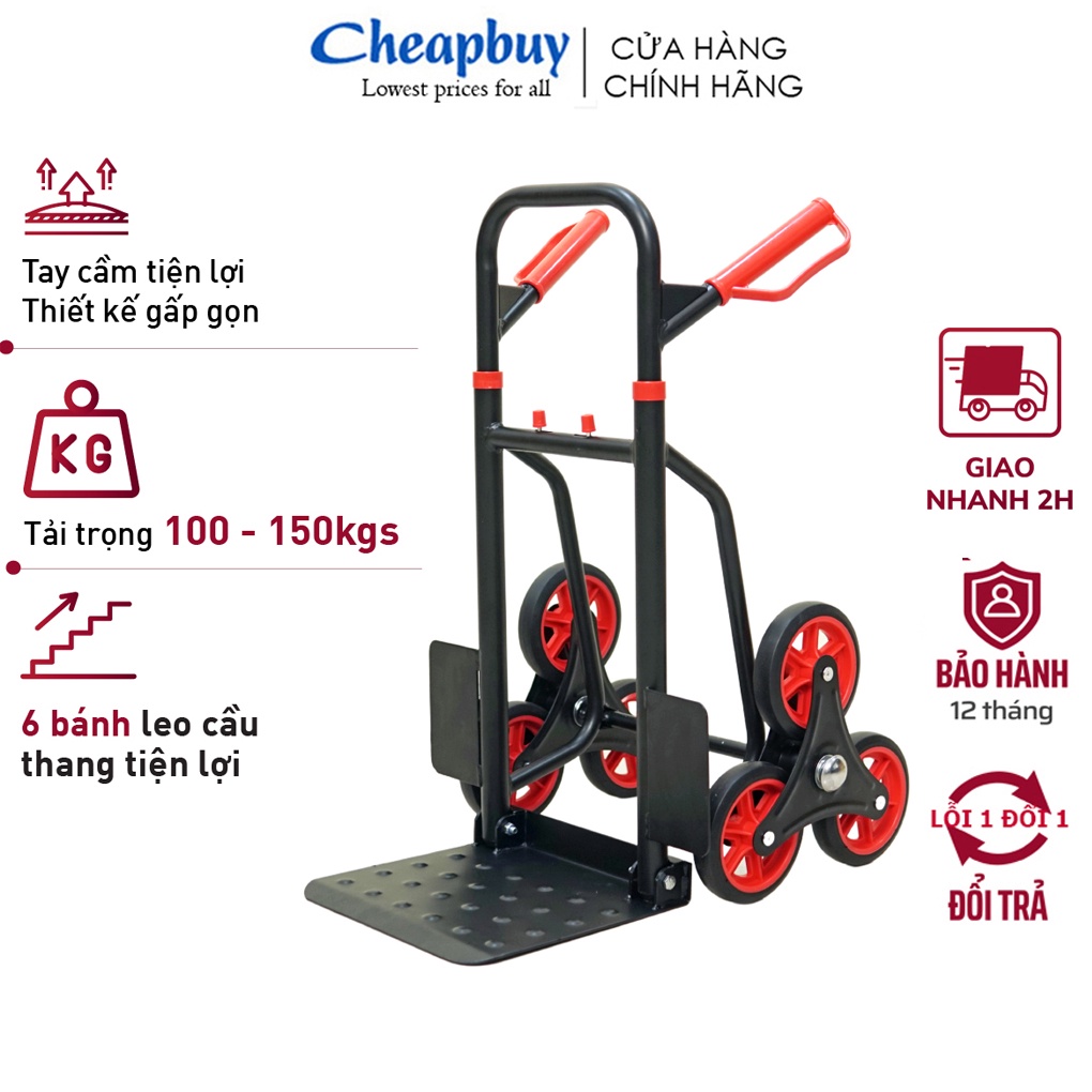 Xe kéo đẩy hàng leo cầu thang 6 bánh rút gọn nhập khẩu FUJIHOME CC-6150, kéo 100kg leo cầu thang,150kg đường bằng