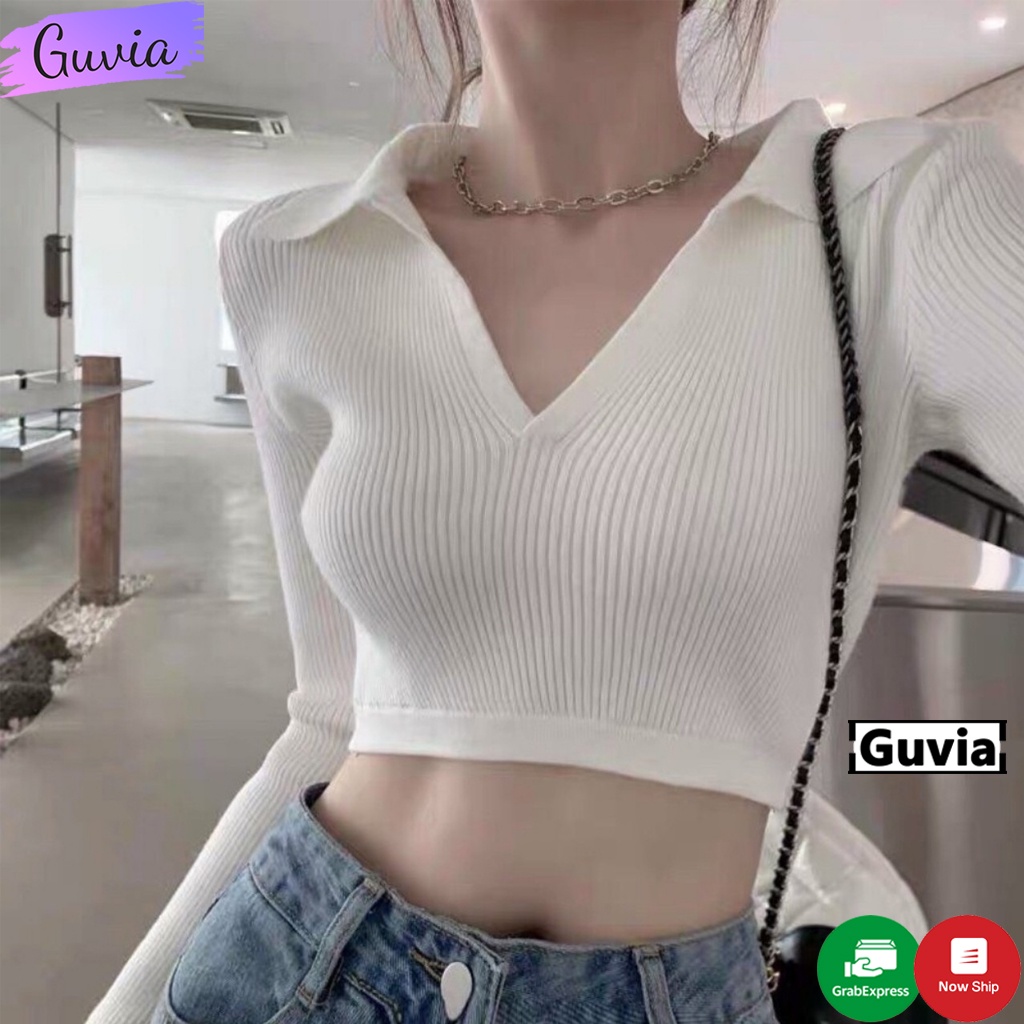Áo Croptop Tay Dài Nữ Cổ Tim Nơ Lưng Ulzzang Chất Thun Gân Tốt Mền Mát GUVIA