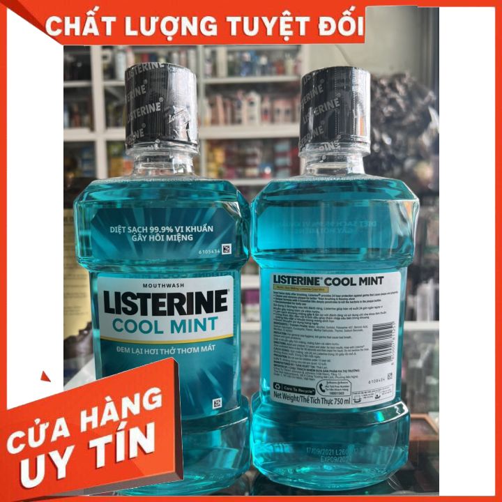 Nước Súc Miệng Listerine Cool Mint 750ml màu xanh ,hương bạc há the mát ,giúp hơi thở thơm mát ,suốt ngày dài năng động