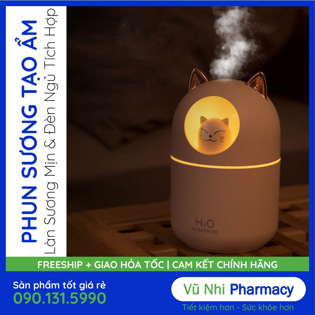 Máy xông tinh dầu phun sương có LED hình mèo 300ml