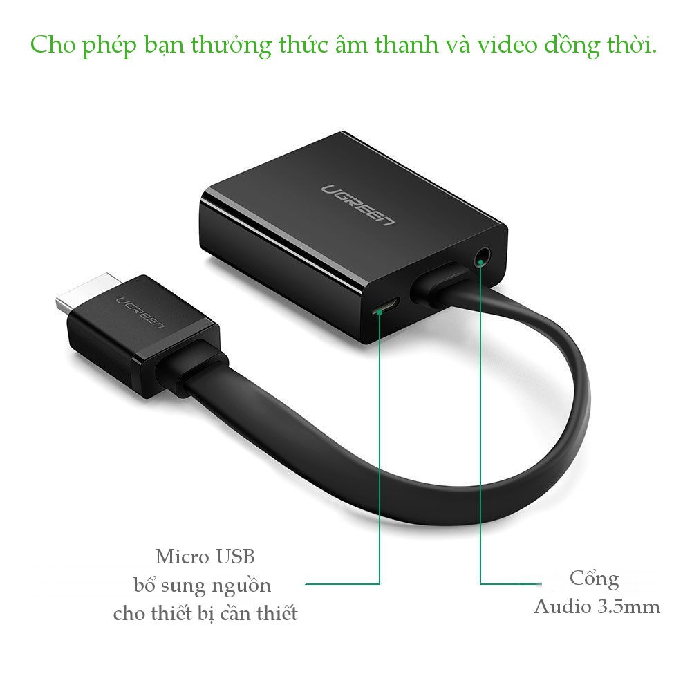 Cáp chuyển đổi HDMI sang VGA dây dẹt tích hợp cổng Audio 3.5mm + Micro USB UGREEN MM103