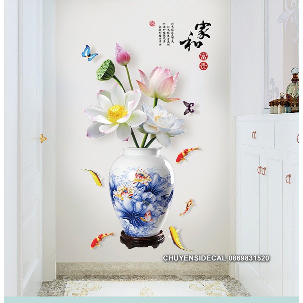 Decal dán tường - Chậu Sen Trắng 3D quý phái