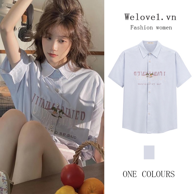 QOEDDV Áo Sơ Mi Cotton Mỏng Tay Ngắn Dáng Rộng Thêu Họa Tiết Phong Cách Nhật Bản Thời Trang Mùa Hè Cho Nữ