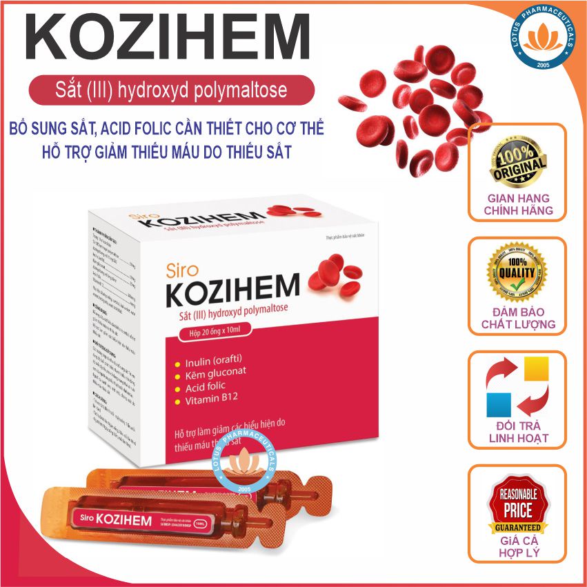 KOZIHEM thực phẩm bổ sung Sắt Acid Folic, Vitamin, vi lượng cho trẻ em thiếu máu và thai phụ,Tặng quà trị giá 39K. Lotus