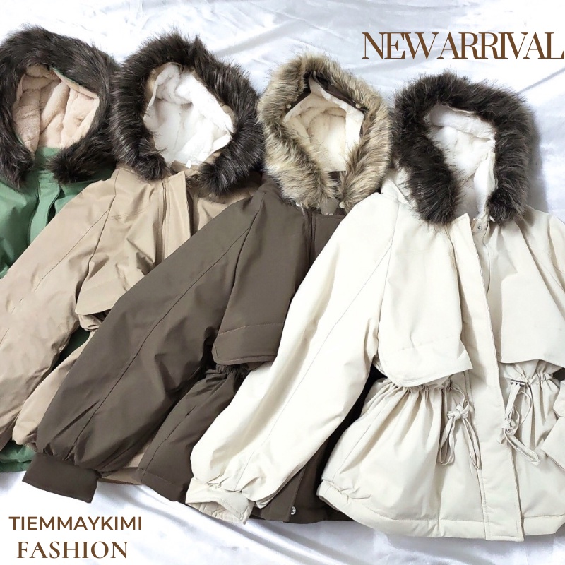 Aó khoác phao Parka lót lông cừu dáng ngắn mẫu mới dây rút