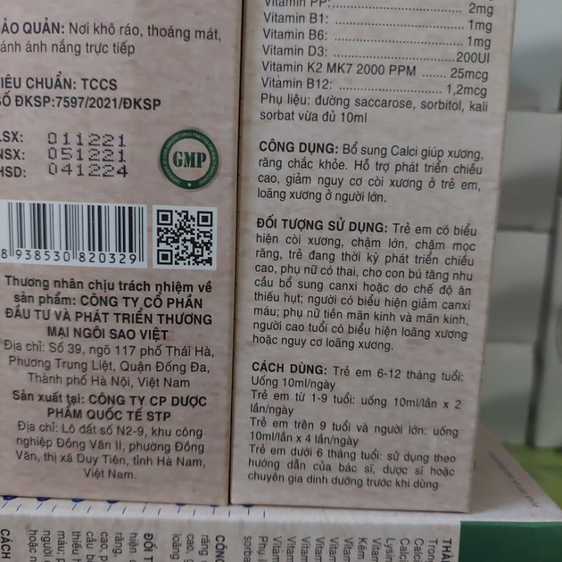 Vitamin D3 K2 Mk7B12 calcinano hộp 20 ống