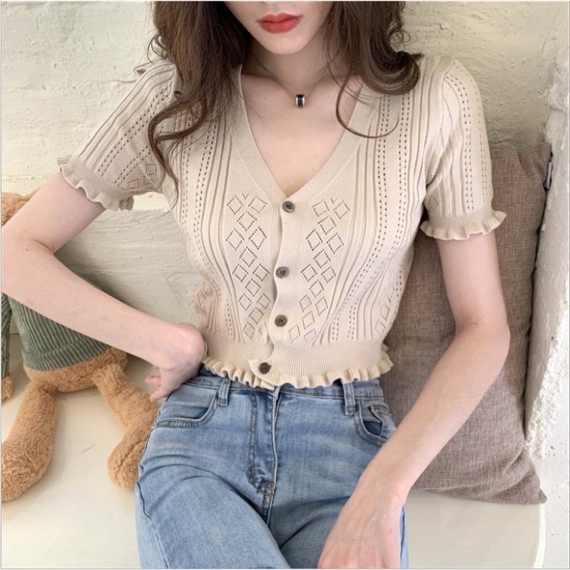 Áo thun ngắn tay cổ chữ V thắt lưng cao gợi cảm
