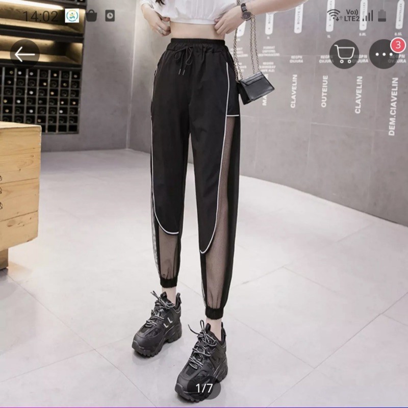Quần Dài Jogger Thể Thao Nữ Đen Viền Trắng, Phối Lưới Siêu Hot