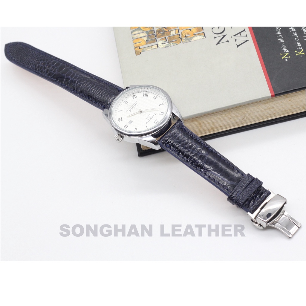 Dây Đồng Hồ Da Đà Điểu Gai To Gắn Chốt Thông Minh Songhan Leather WT09,Dây Da Khóa Bướm Gập Cao Cấp,BH 6 Tháng