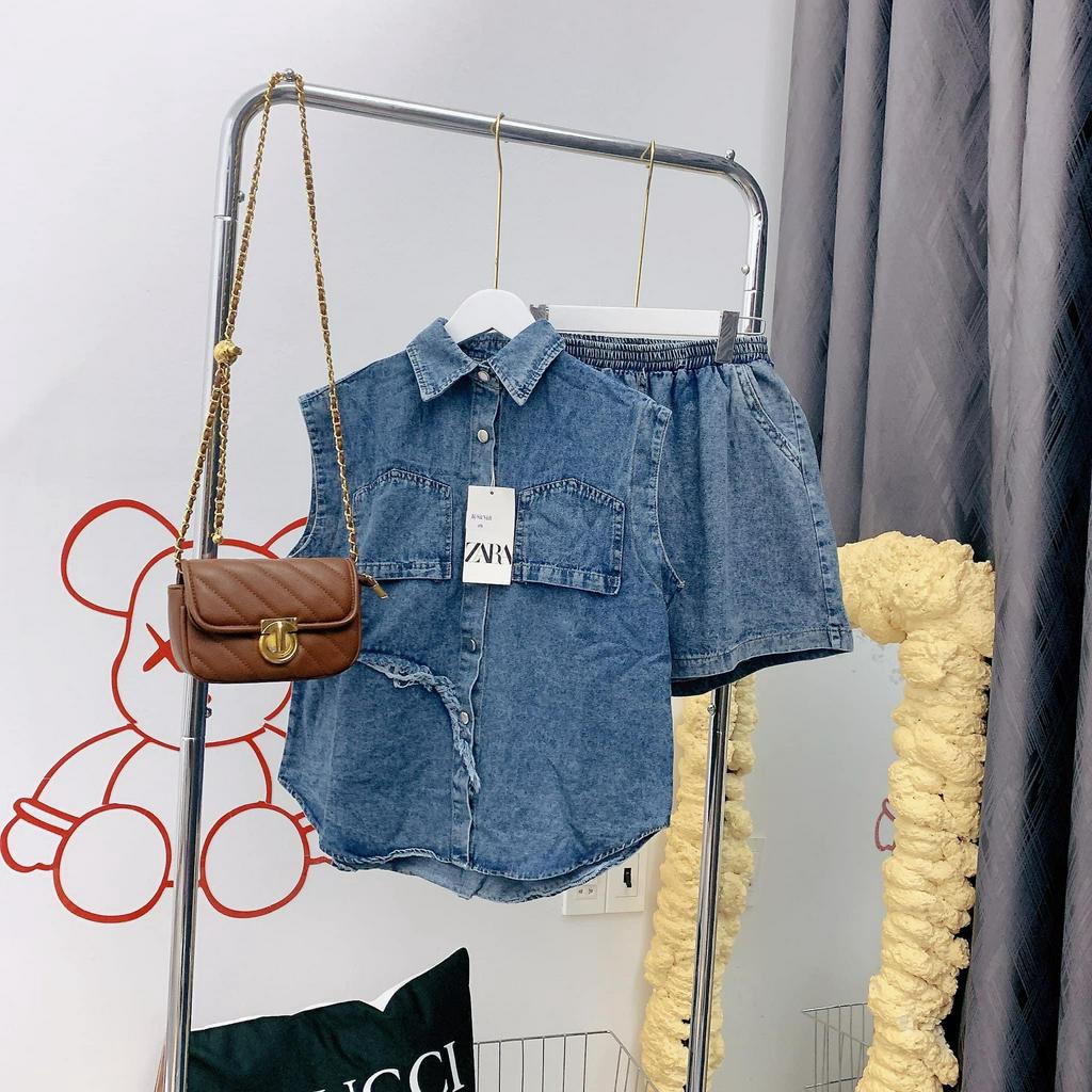 Áo sơ mi bò túi ngược tay ba lỗ kèm quần short đùi lưng cao, set đồ bộ nữ đi chơi dự tiệc chất bò mềm phong cách ulzzang