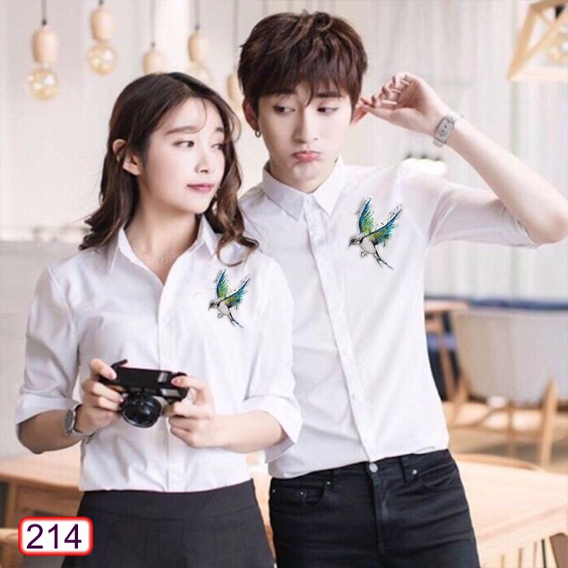 Áo Sơ Mi Nam Nữ Dài Tay Thêu Chú Chim Xanh 214 Hàn Quốc Cực Đẹp - Hazo